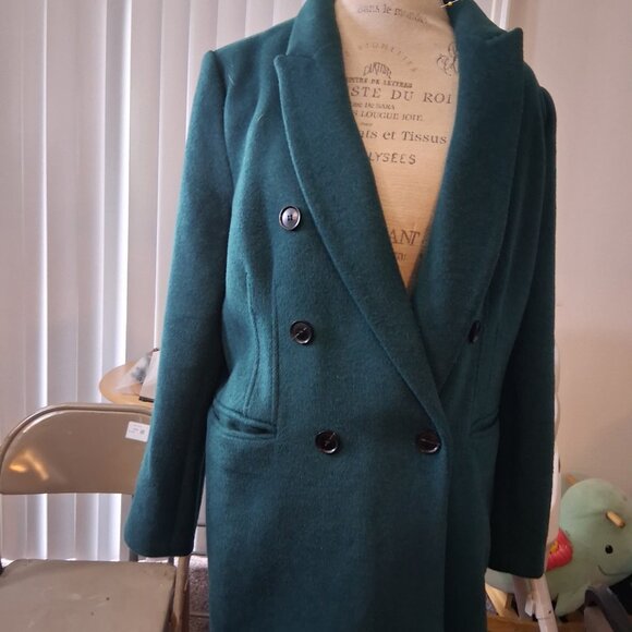 Elegant Emerald Green Double Breasted Wool Blend Long Coat - Picture 2 of 7